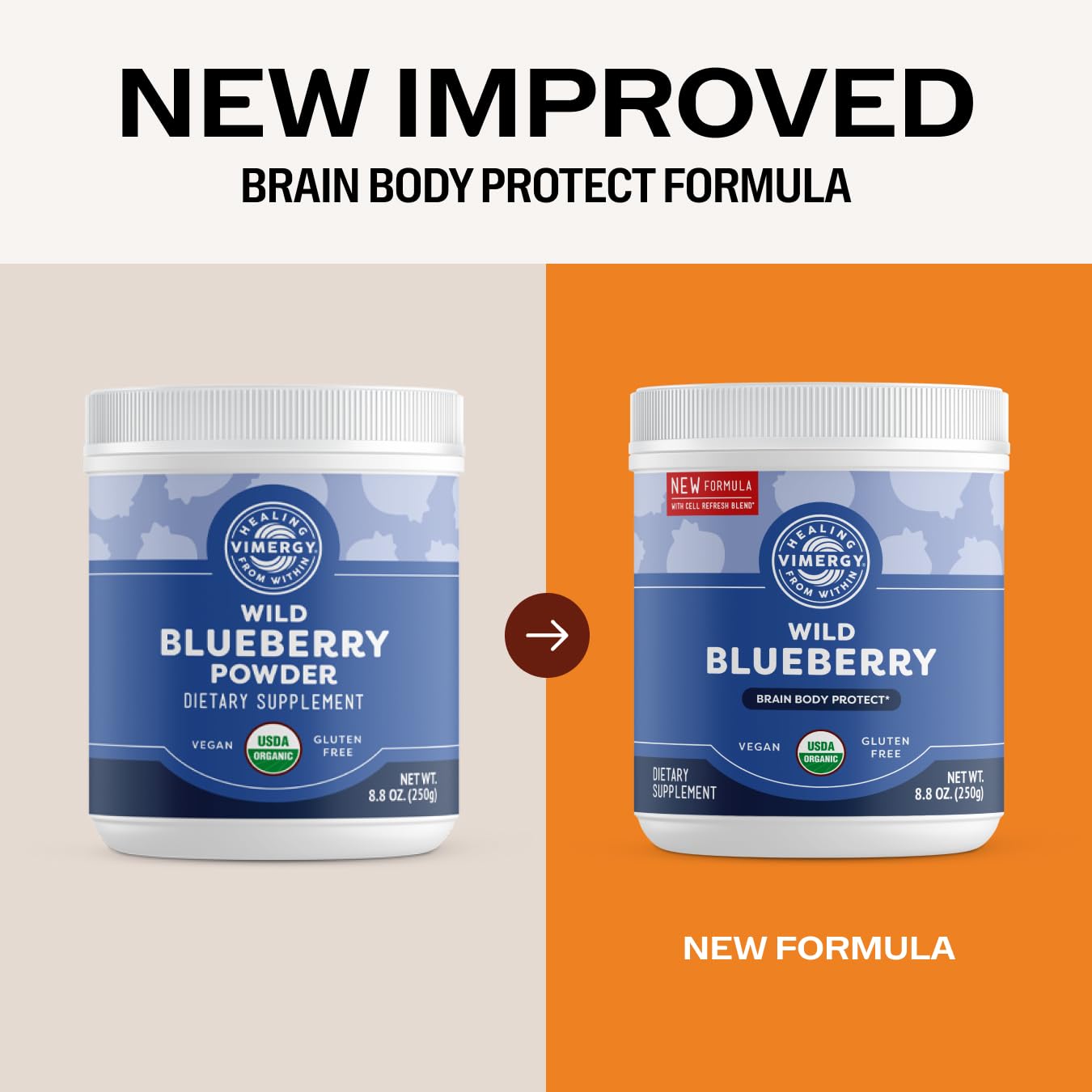 Vimergy Brain Body Protect whole-fruit blueberry powder stirred into smoothie for brain health