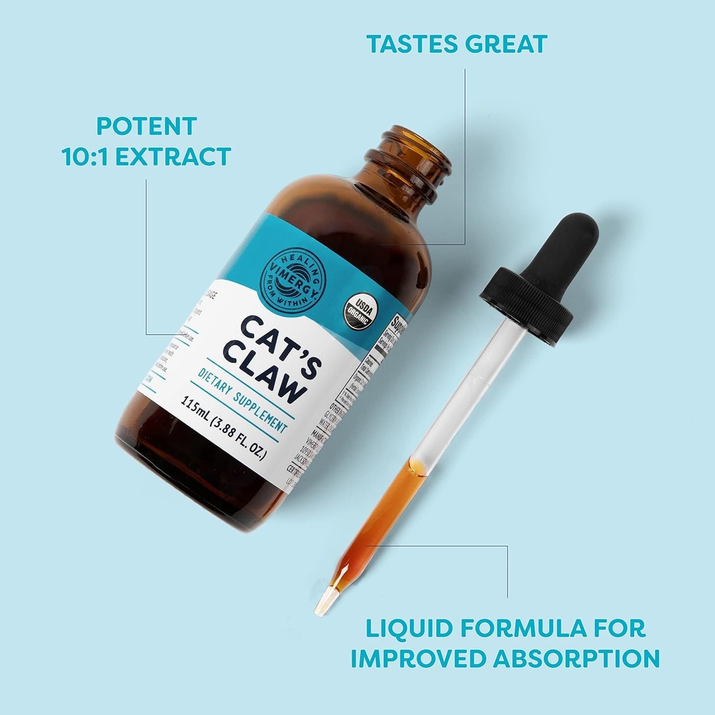Vimergy Cat Claw Liquid dropper dispenses into water for quick use.