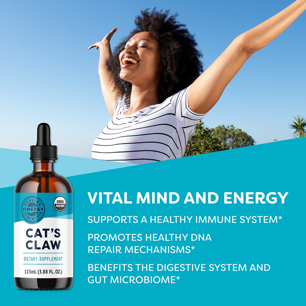 Vimergy Cat Claw Liquid ingredients panel highlights organic and vegan formula.
