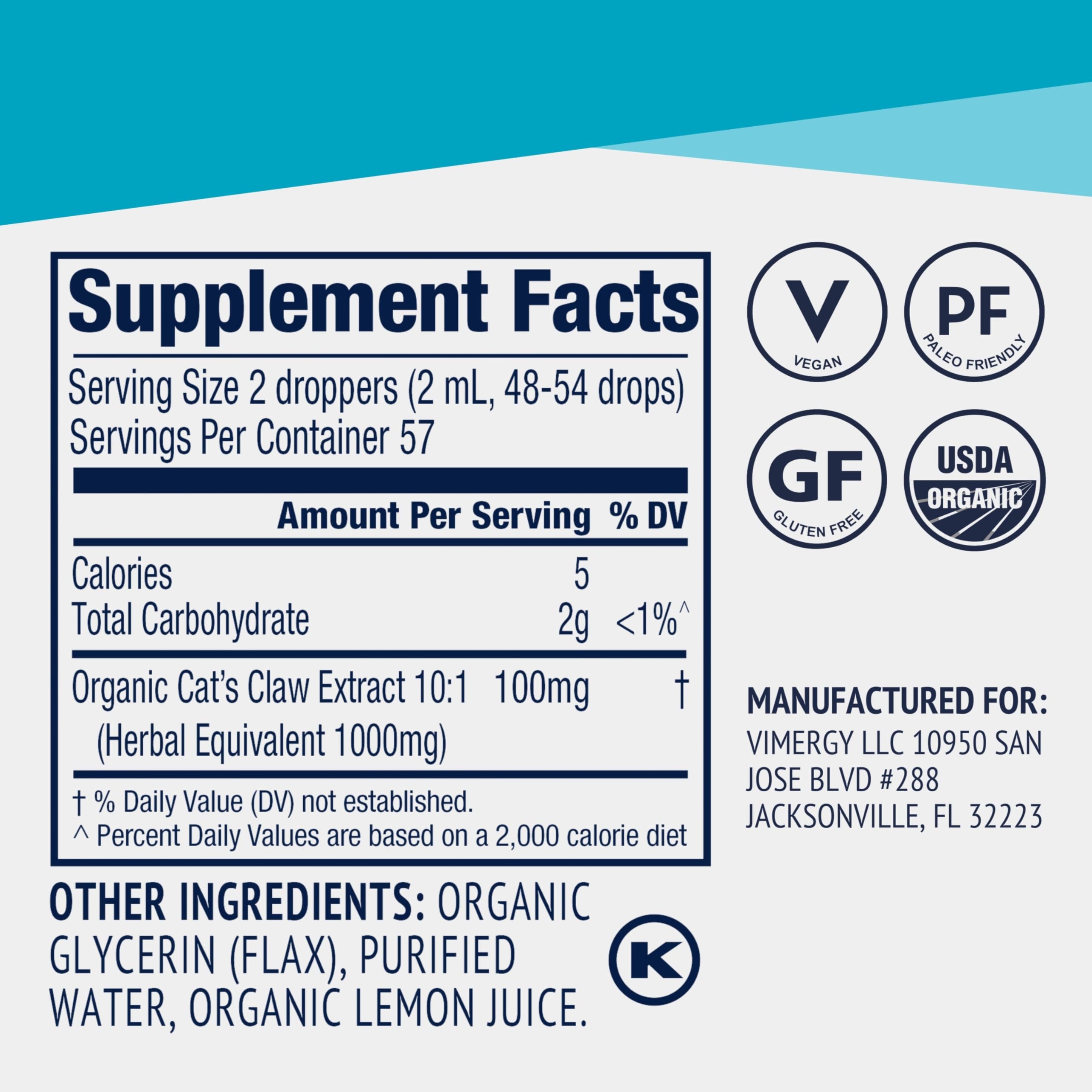 Vimergy Cat Claw Liquid served in water shows versatile daily use.