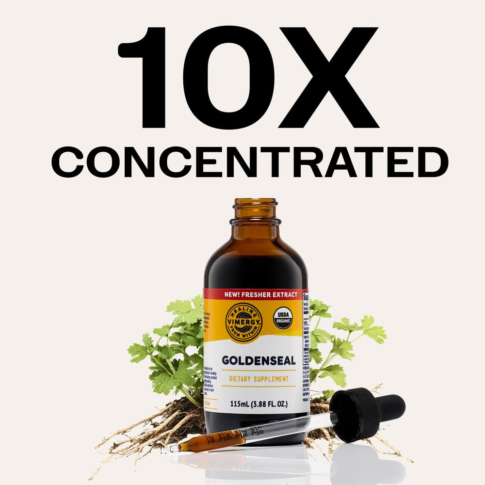 Vimergy Goldenseal tincture bottle with ingredients list communicates a clean four-ingredient formula.