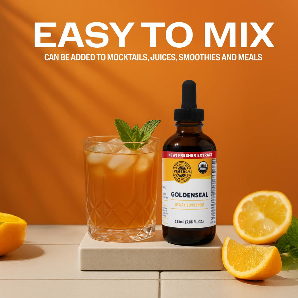 Vimergy Goldenseal tincture features flax glycerin base for naturally sweet finish.