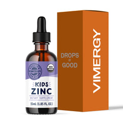 VIMERGY Kids Organic Zinc Sulfate bottle with a marked dropper for precise dosing.
