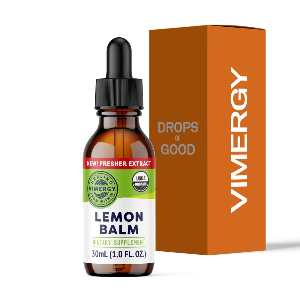 Vimergy lemon balm tincture bottle with dropper for easy daily use.
