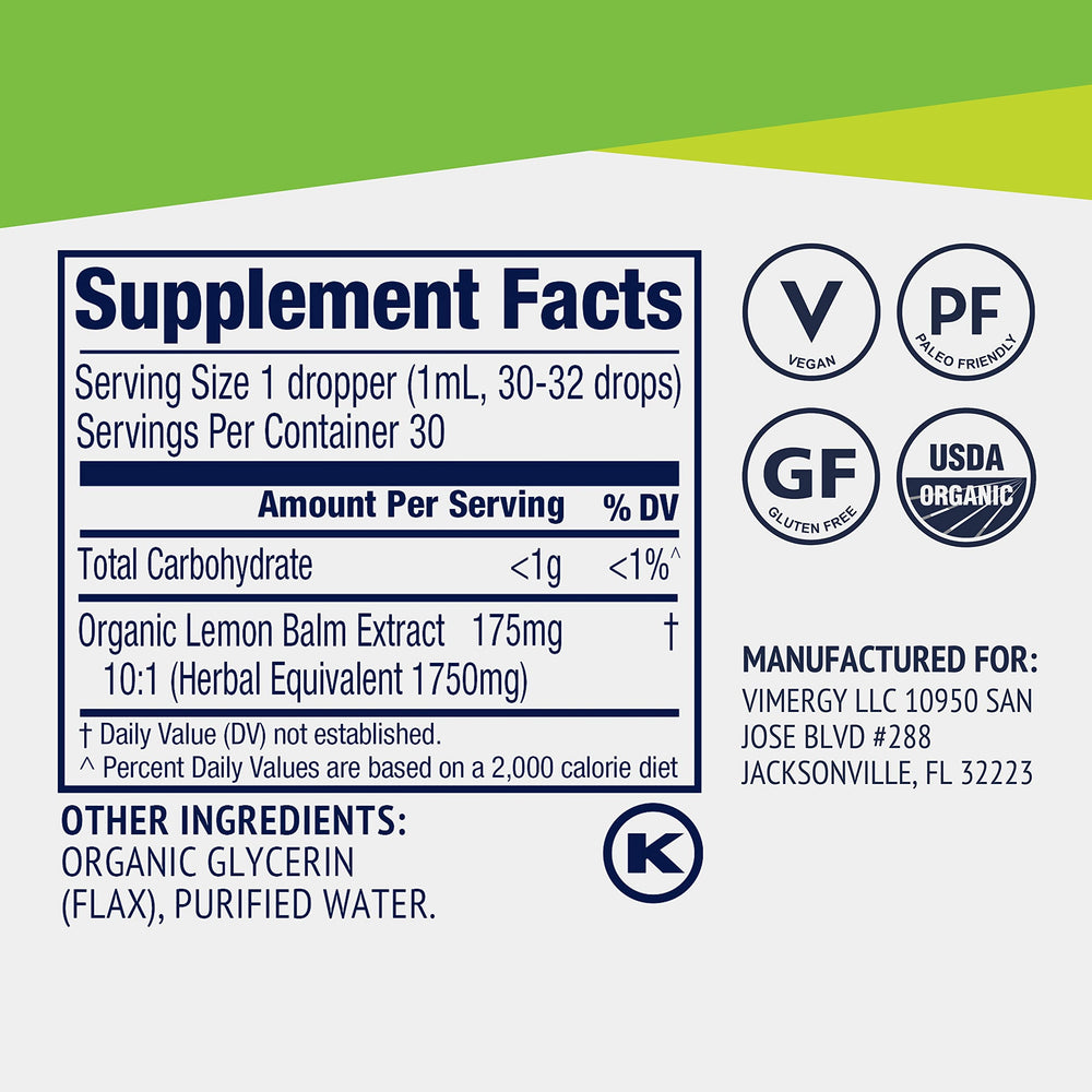 Ingredients panel on Vimergy lemon balm tincture bottle.