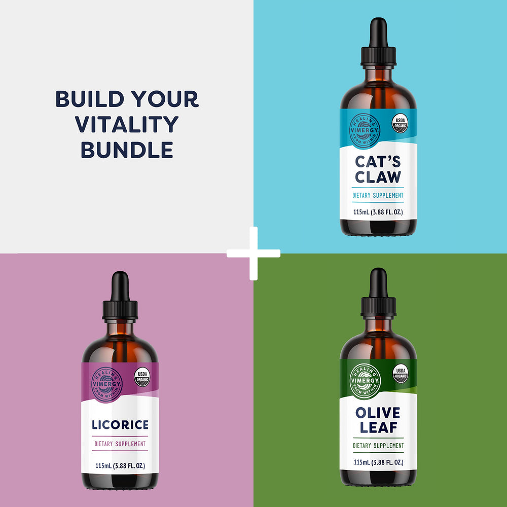 Vimergy badge highlighting alcohol-free, organic, and paleo-friendly formula.