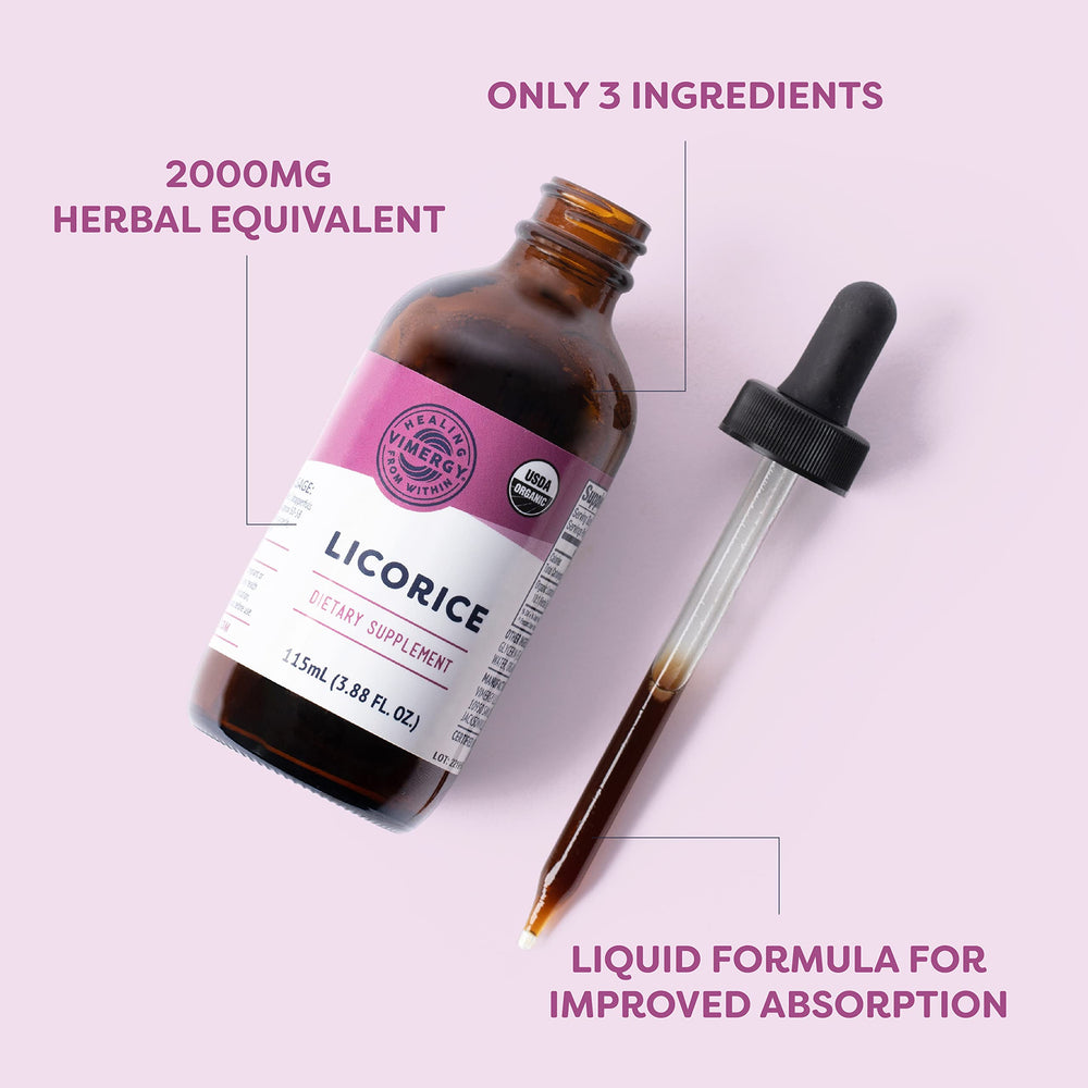 Vimergy licorice liquid label close-up showing organic, vegan, gluten-free certification for clean use.