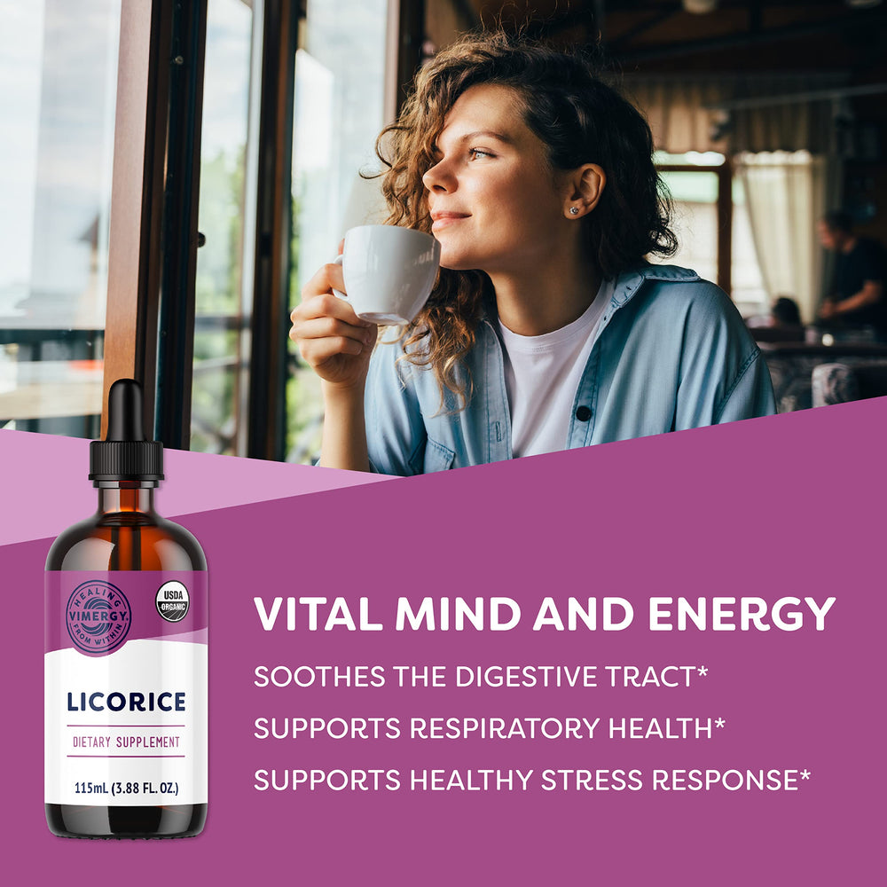 Pouring Vimergy licorice liquid into a glass for quick absorption and easy dosing.