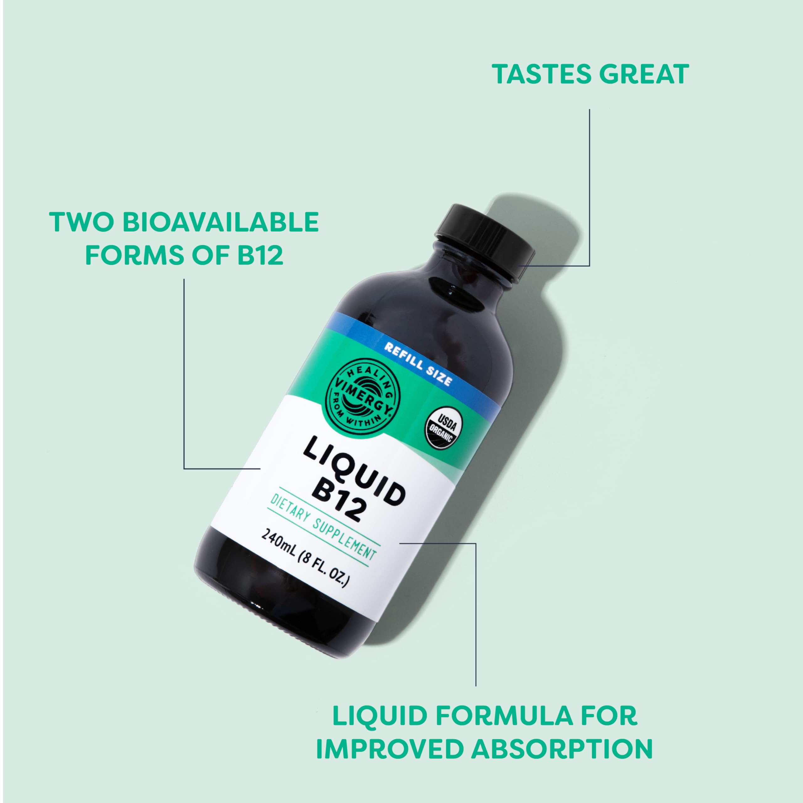 Close-up of Vimergy dropper releasing potent B12 forms.