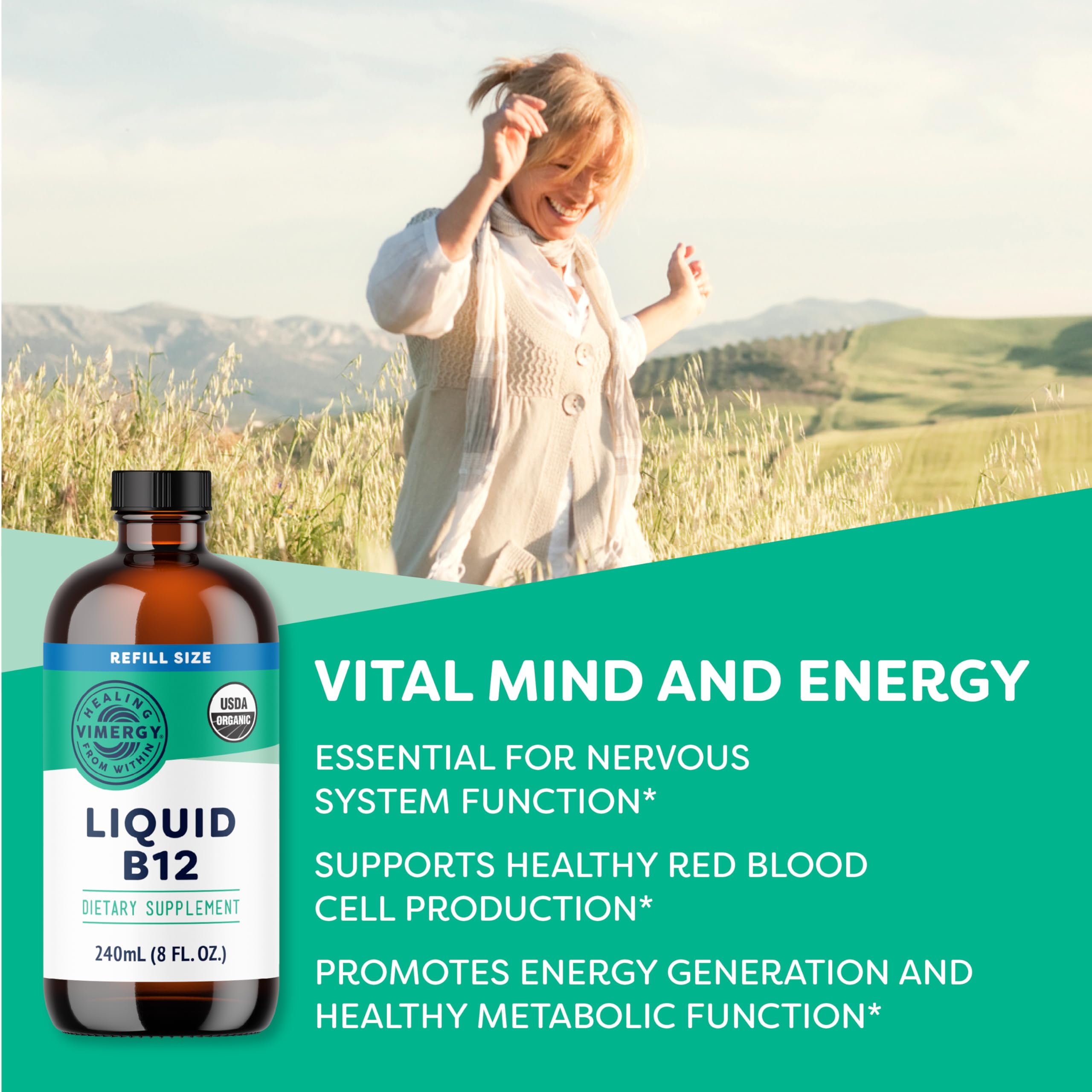 Pouring Vimergy Liquid B12 into juice for daily energy boost.