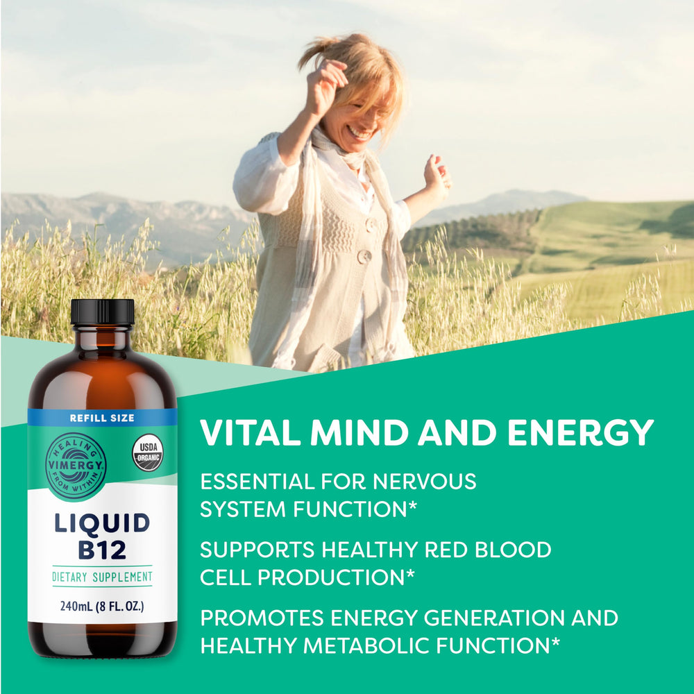 Pouring Vimergy Liquid B12 into juice for daily energy boost.