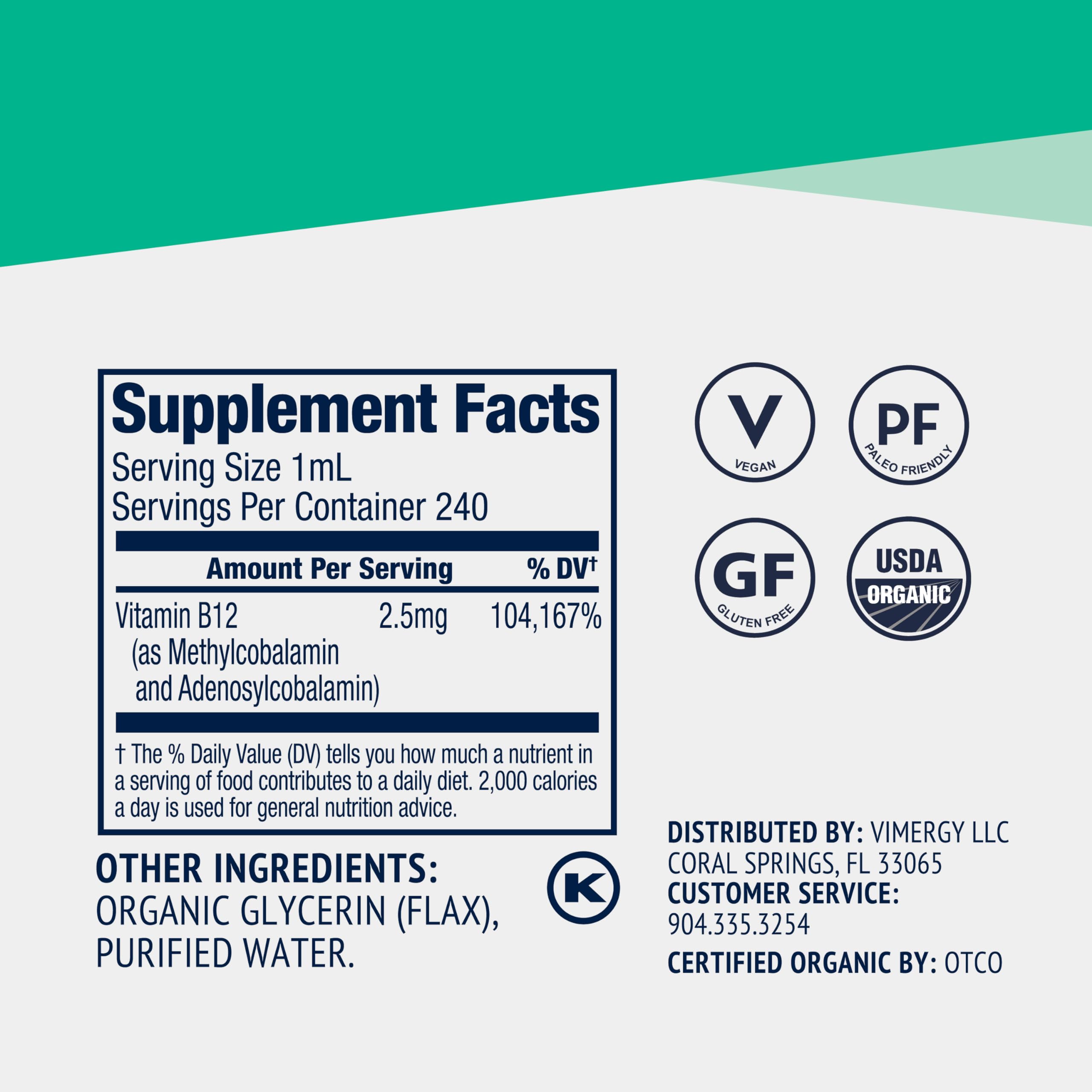 Vegan-friendly, plant-based vitamin B12 from Vimergy bottle.