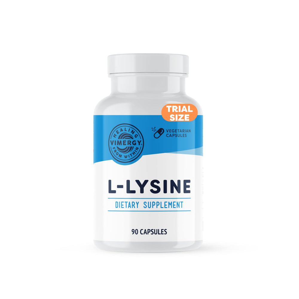 Vimergy L-Lysine bottle cap showing clean vegan formula for daily wellness
