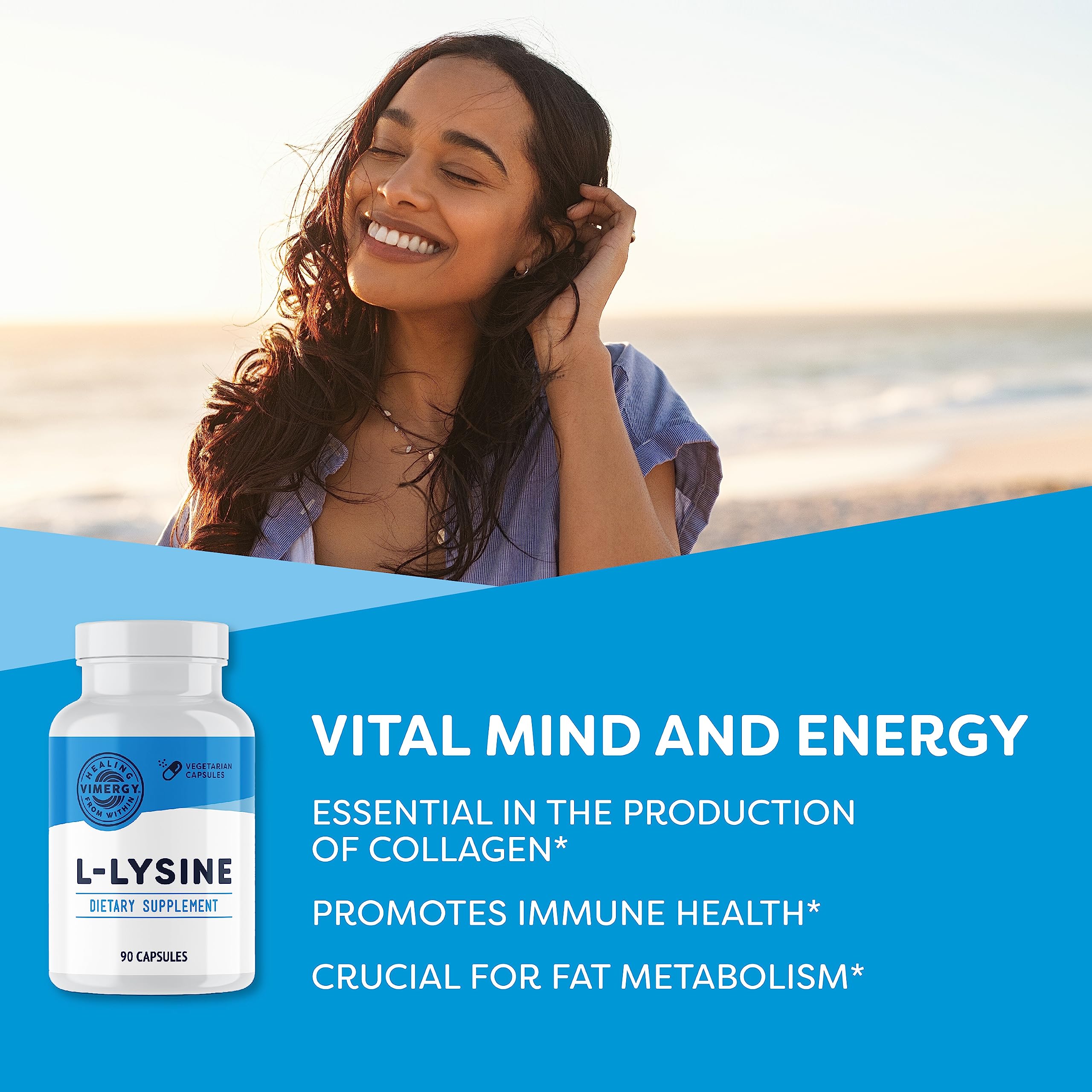 Vimergy L-Lysine capsules close-up highlighting 500 mg dose