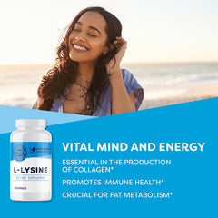 Vimergy L-Lysine label highlights vegan, non-GMO, gluten-free daily supplementation.