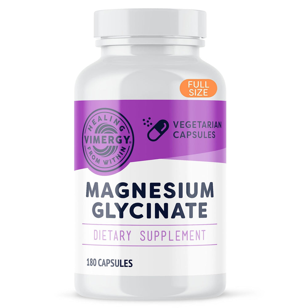 VIMERGY Magnesium Glycinate bottle with clean vegan label for daily wellness