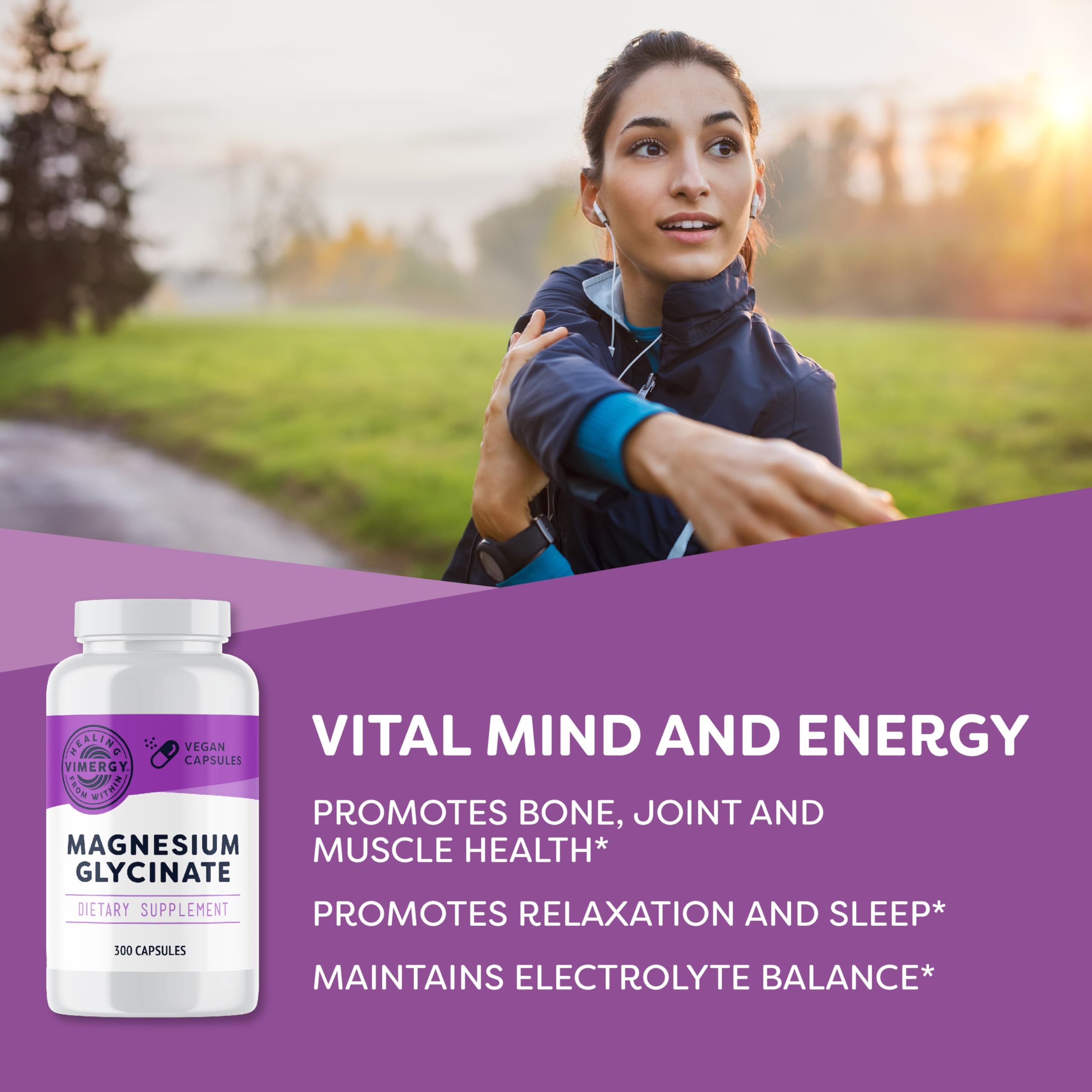 Vimergy Magnesium Glycinate capsules close-up highlighting chelated absorption.