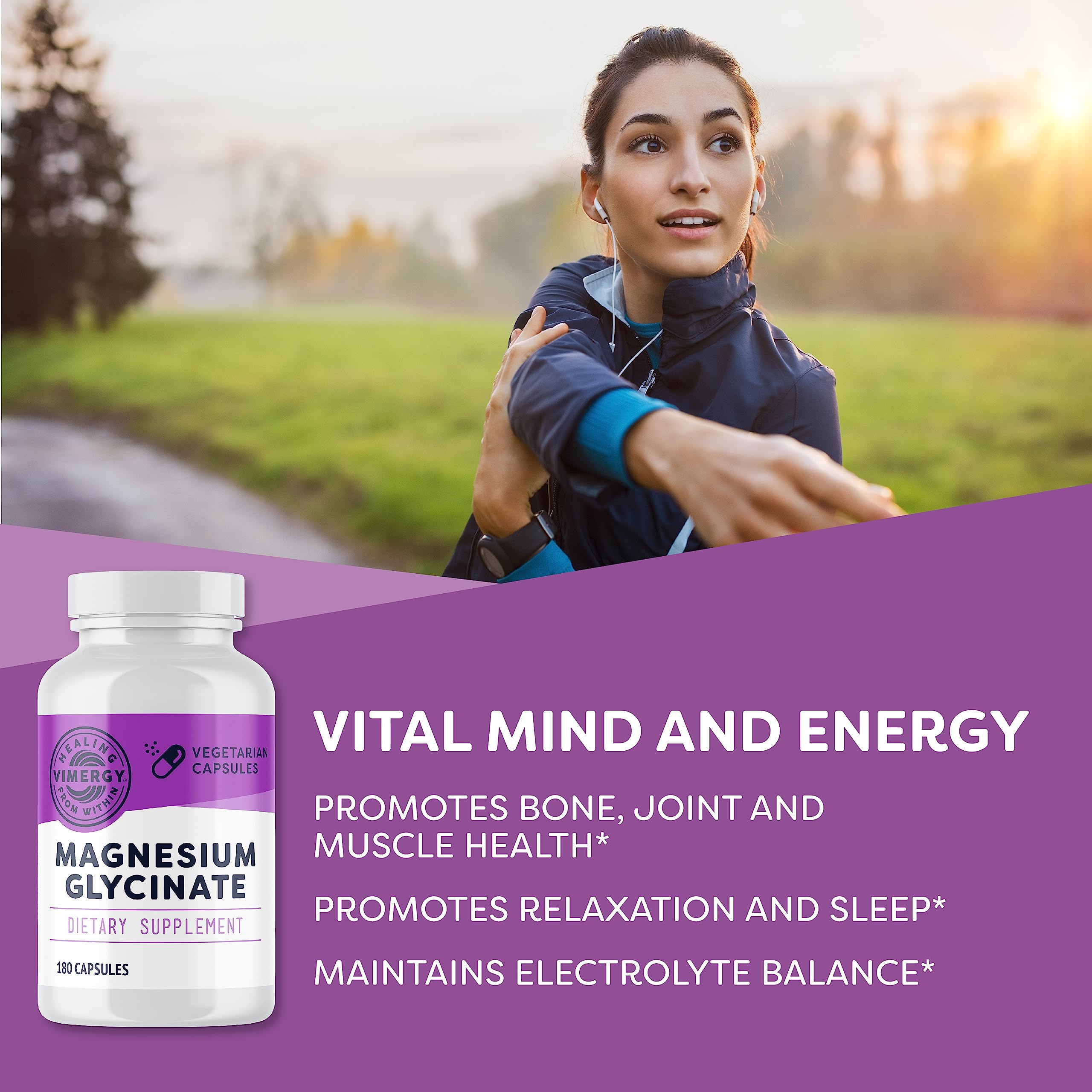 VIMERGY Magnesium Glycinate capsules close-up, showing easy daily dosing