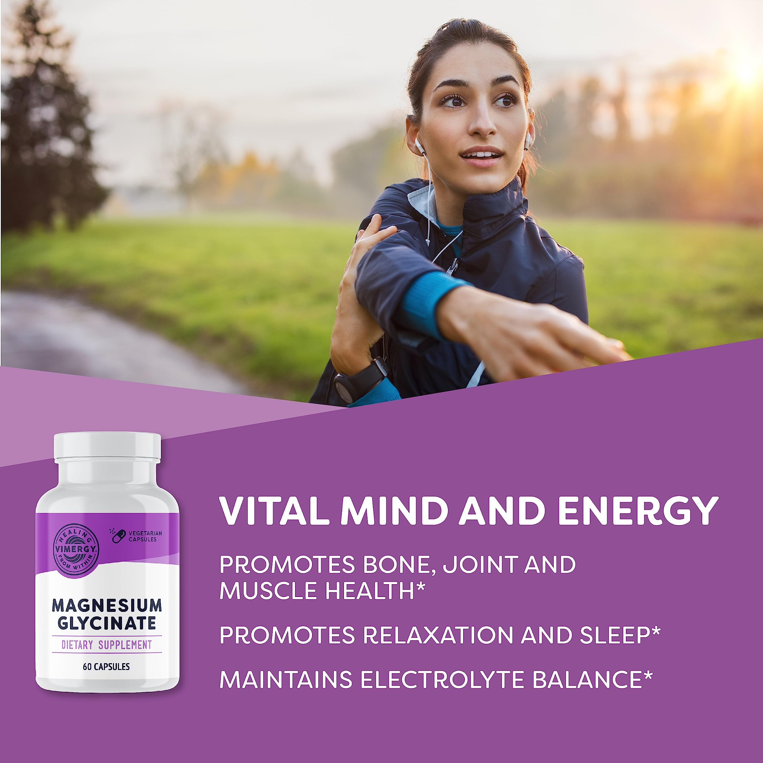 Vimergy Magnesium Glycinate capsules close-up showing digestion-friendly form.