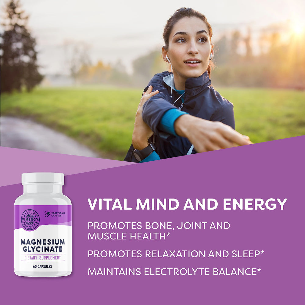Vimergy Magnesium Glycinate capsules close-up showing digestion-friendly form.