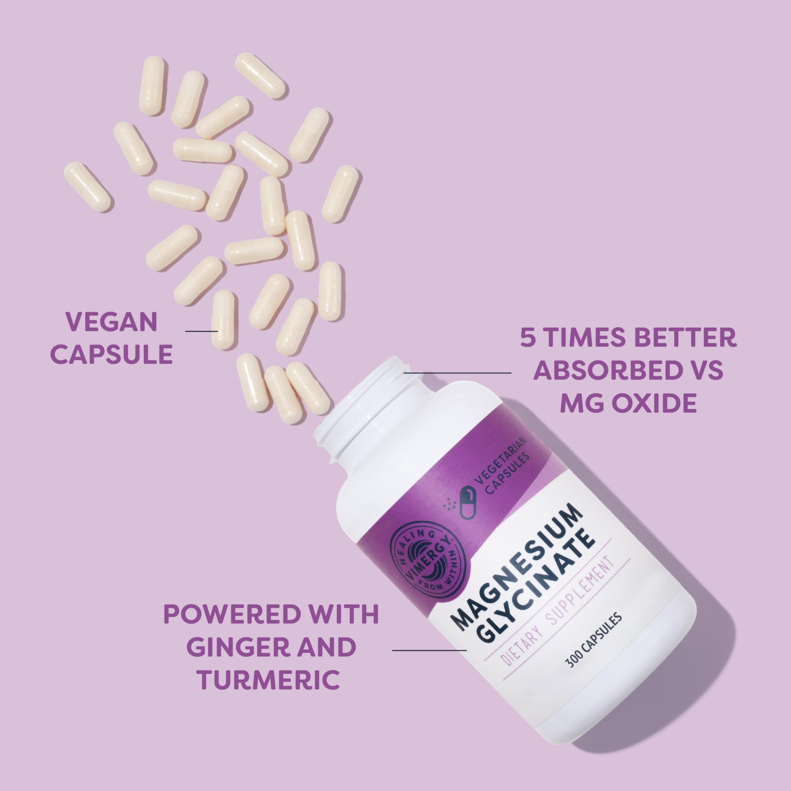 Vimergy Magnesium Glycinate capsules with ginger and turmeric for full-spectrum support.