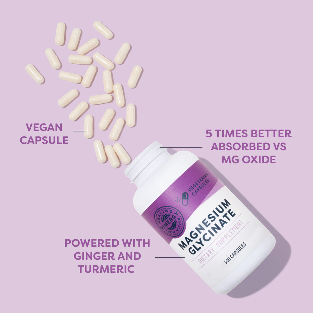 Vimergy Magnesium Glycinate capsules with ginger and turmeric for full-spectrum support.