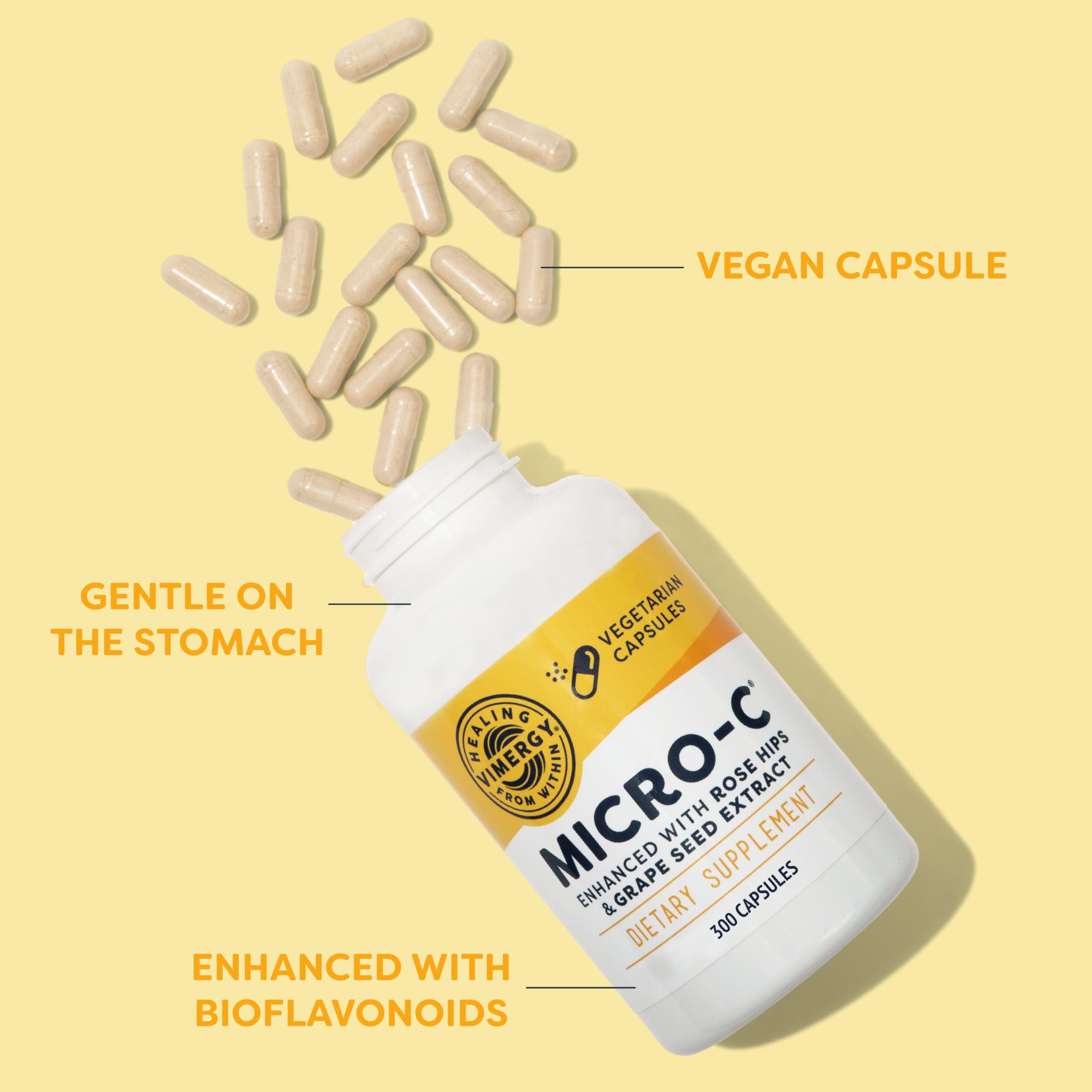 Close-up of Vimergy Micro-C label highlighting vegan, kosher, gluten-free status.