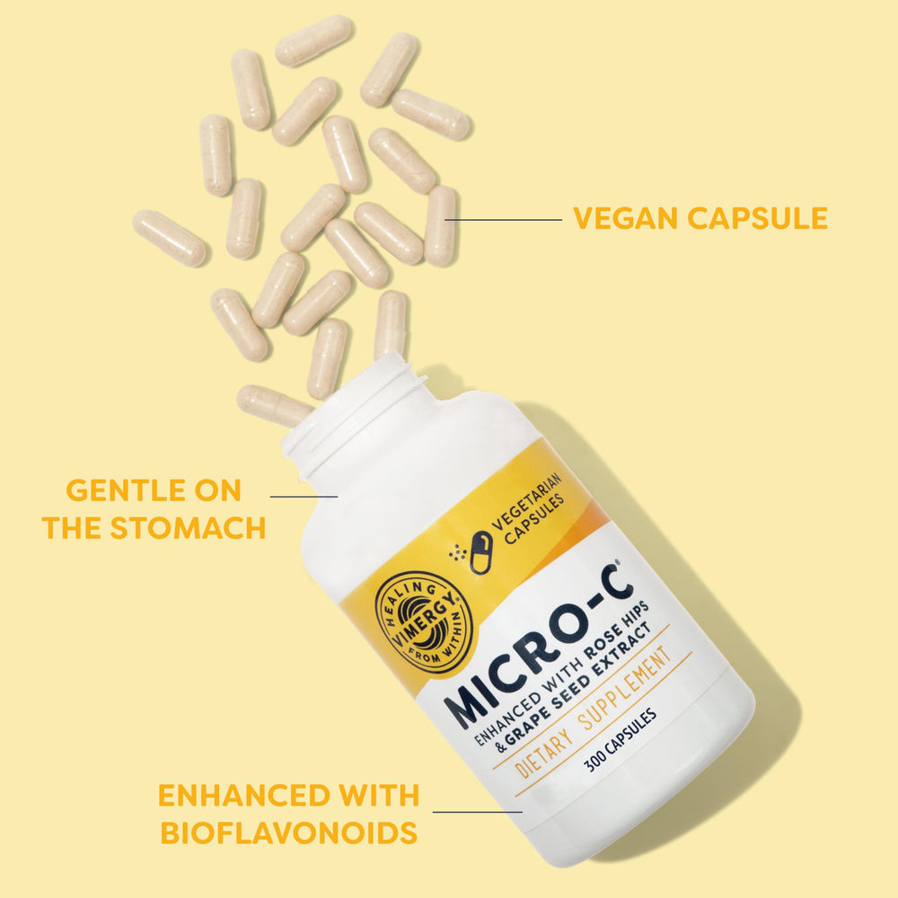 Close-up of Vimergy Micro-C label highlighting vegan, kosher, gluten-free status.