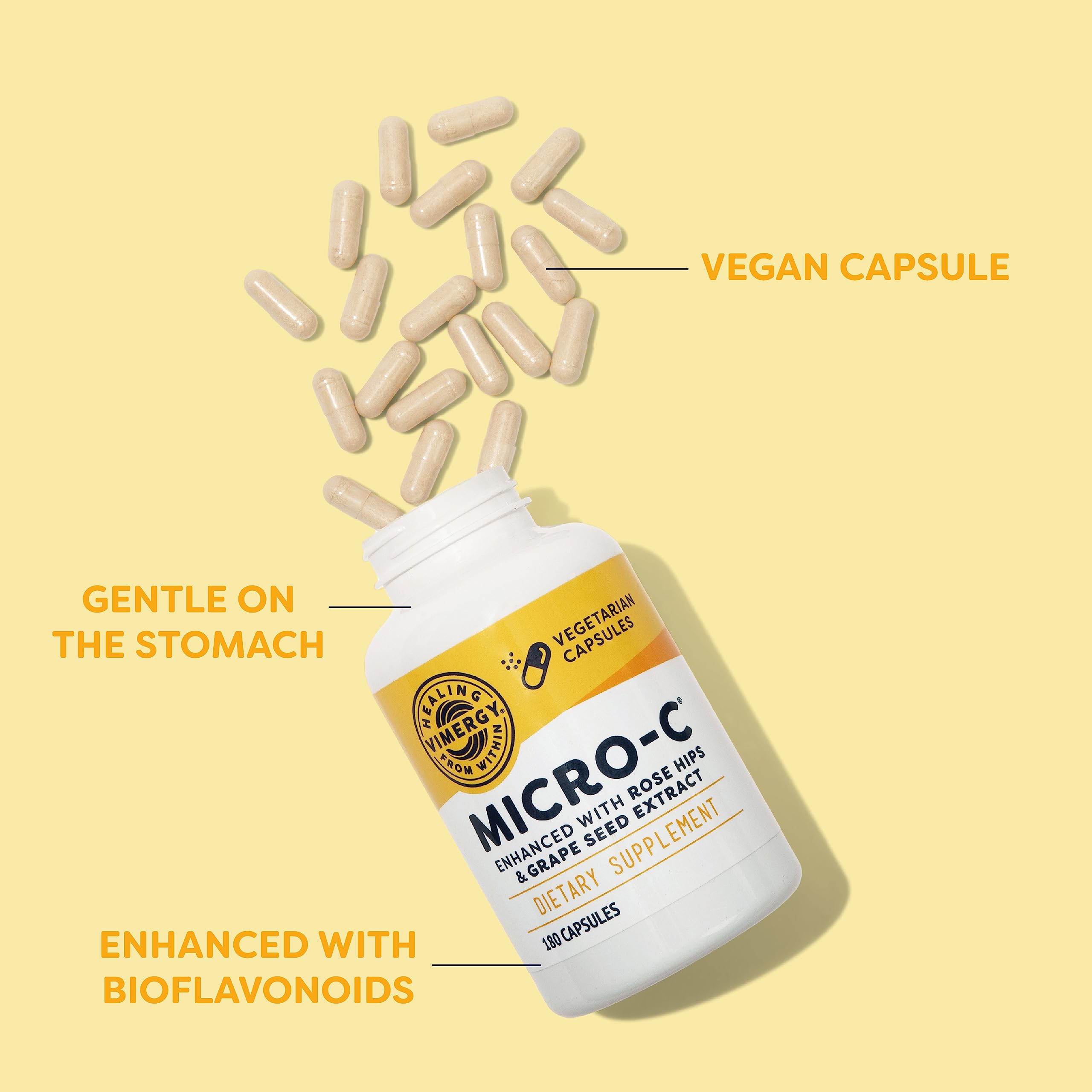 Vimergy Micro-C Capsules label highlighting vegan, kosher, and gluten-free ingredients