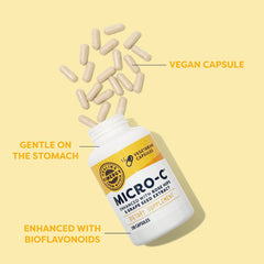 Vimergy Micro-C Capsules label highlighting vegan, kosher, and gluten-free ingredients