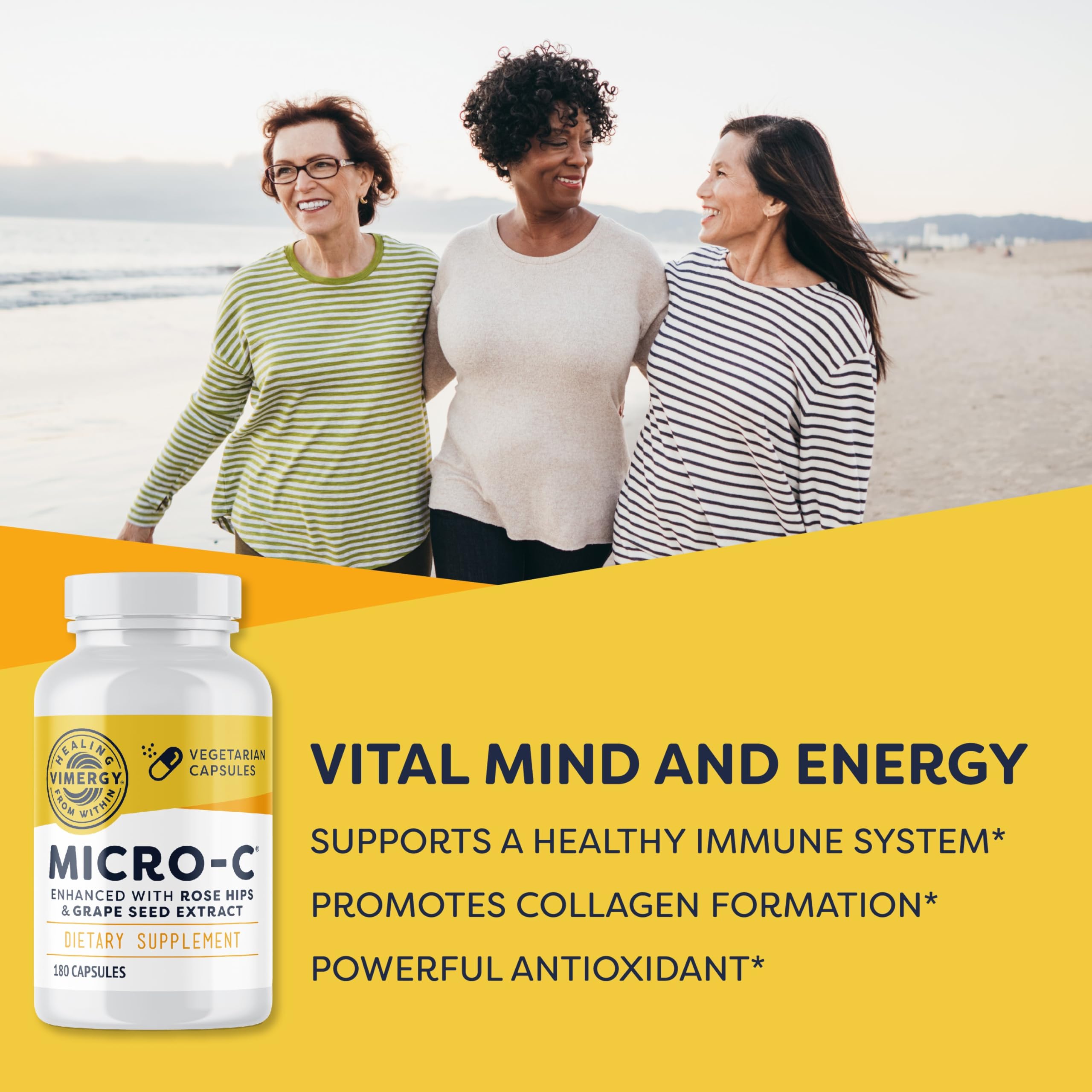 Vimergy Micro-C Capsules pour into a glass, showcasing convenient daily immune support on the go