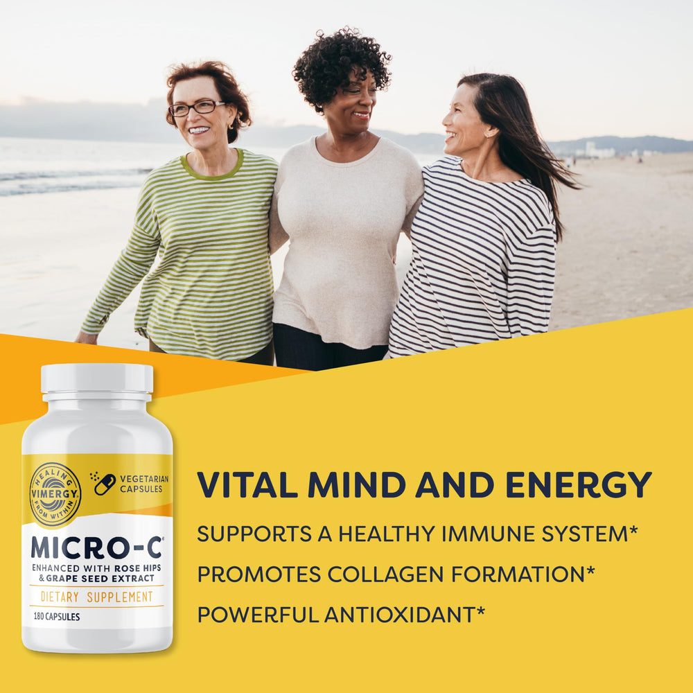 Vimergy Micro-C Capsules pour into a glass, showcasing convenient daily immune support on the go