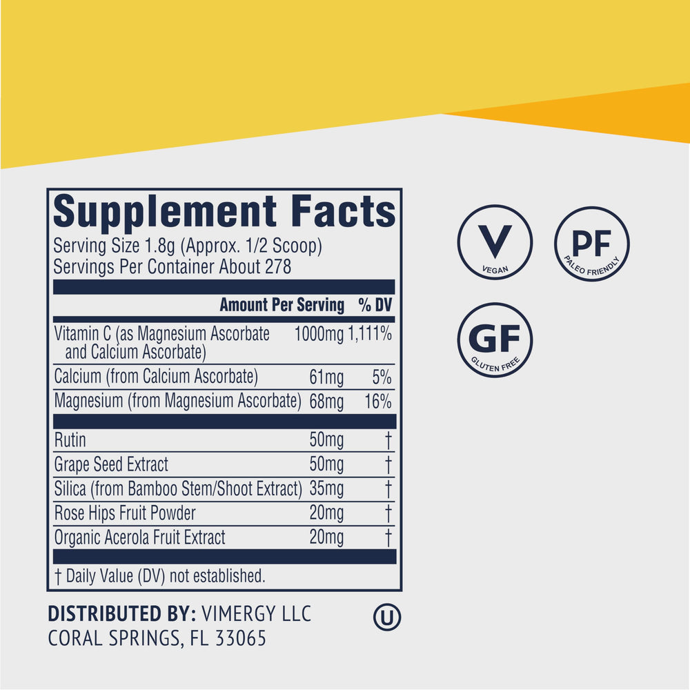 Glass with Vimergy Micro-C Immune Power mixed in water with citrus aroma.