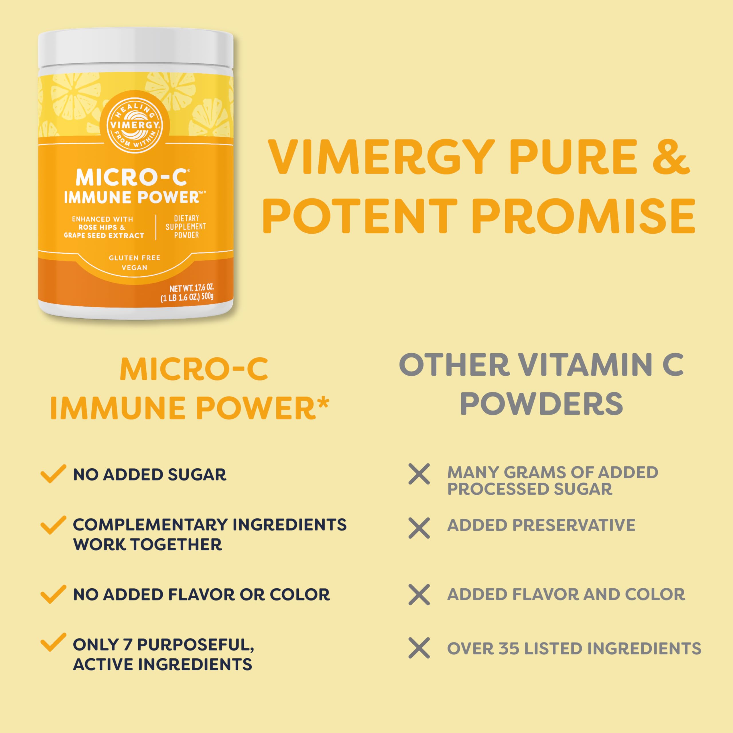 Ingredients panel on Vimergy Micro-C Immune Power bottle highlights a clean formula.
