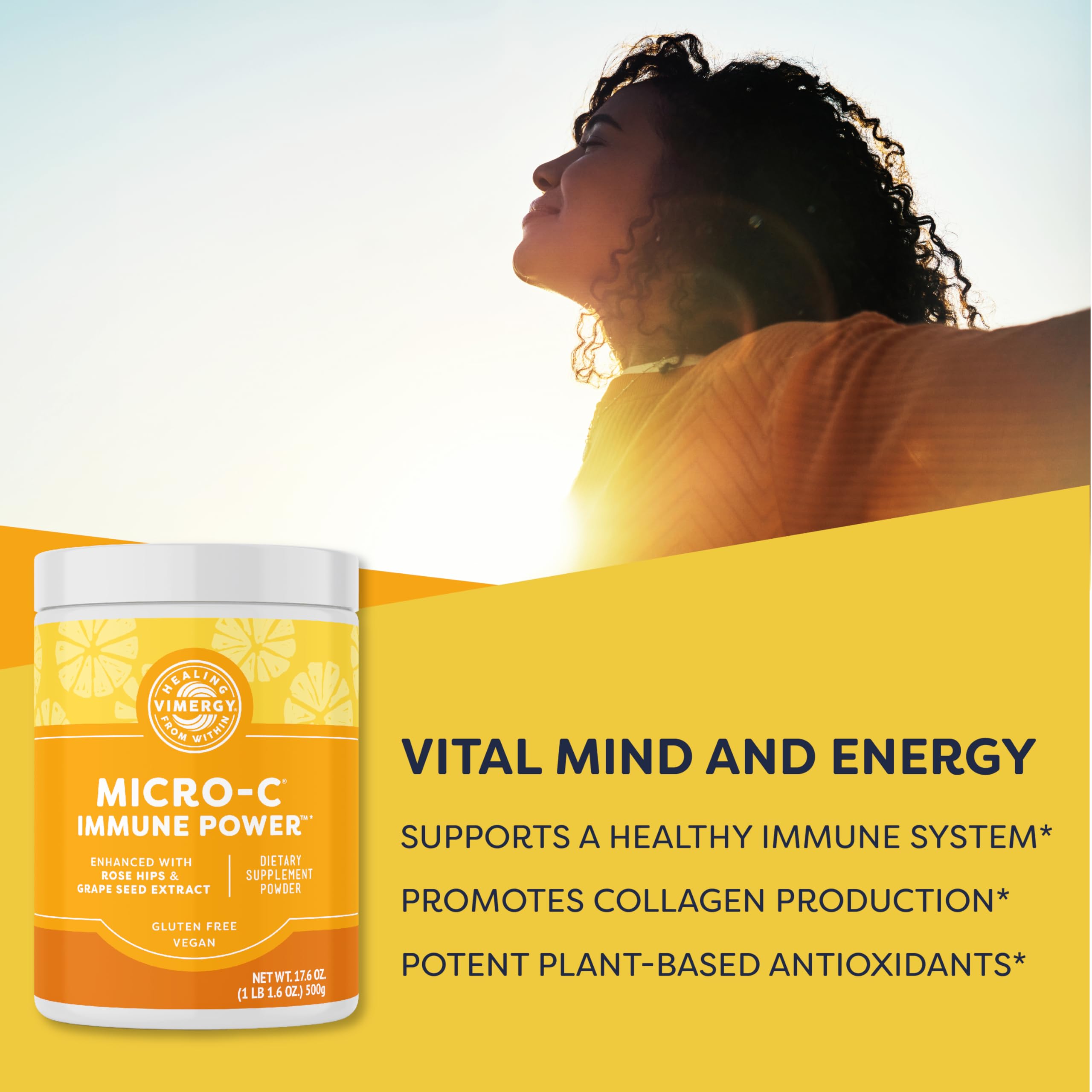 Pouring Vimergy Micro-C Immune Power powder into water for easy mixing and dosing.