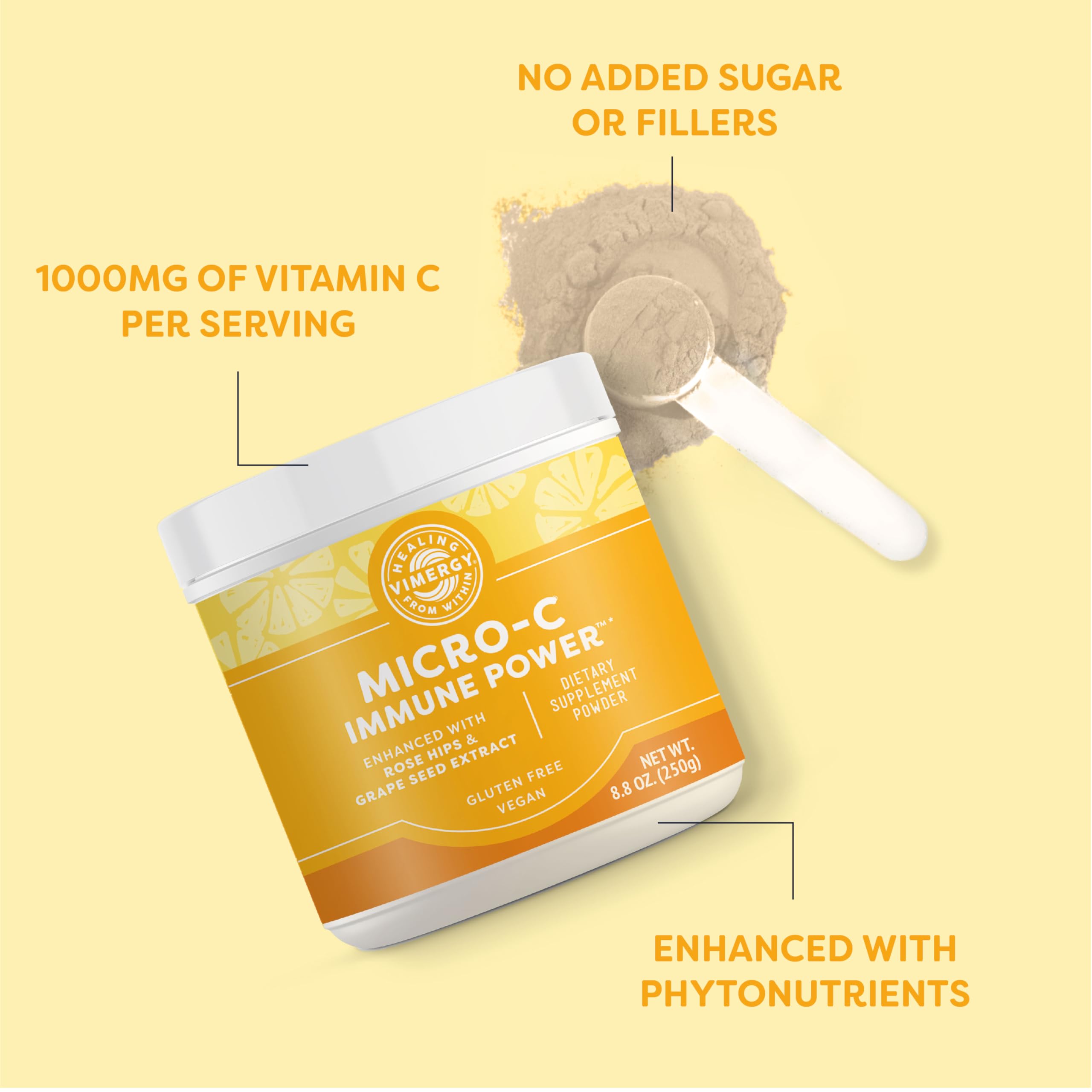 Vimergy Micro-C Immune Power powder dissolving in water for easy mixing.