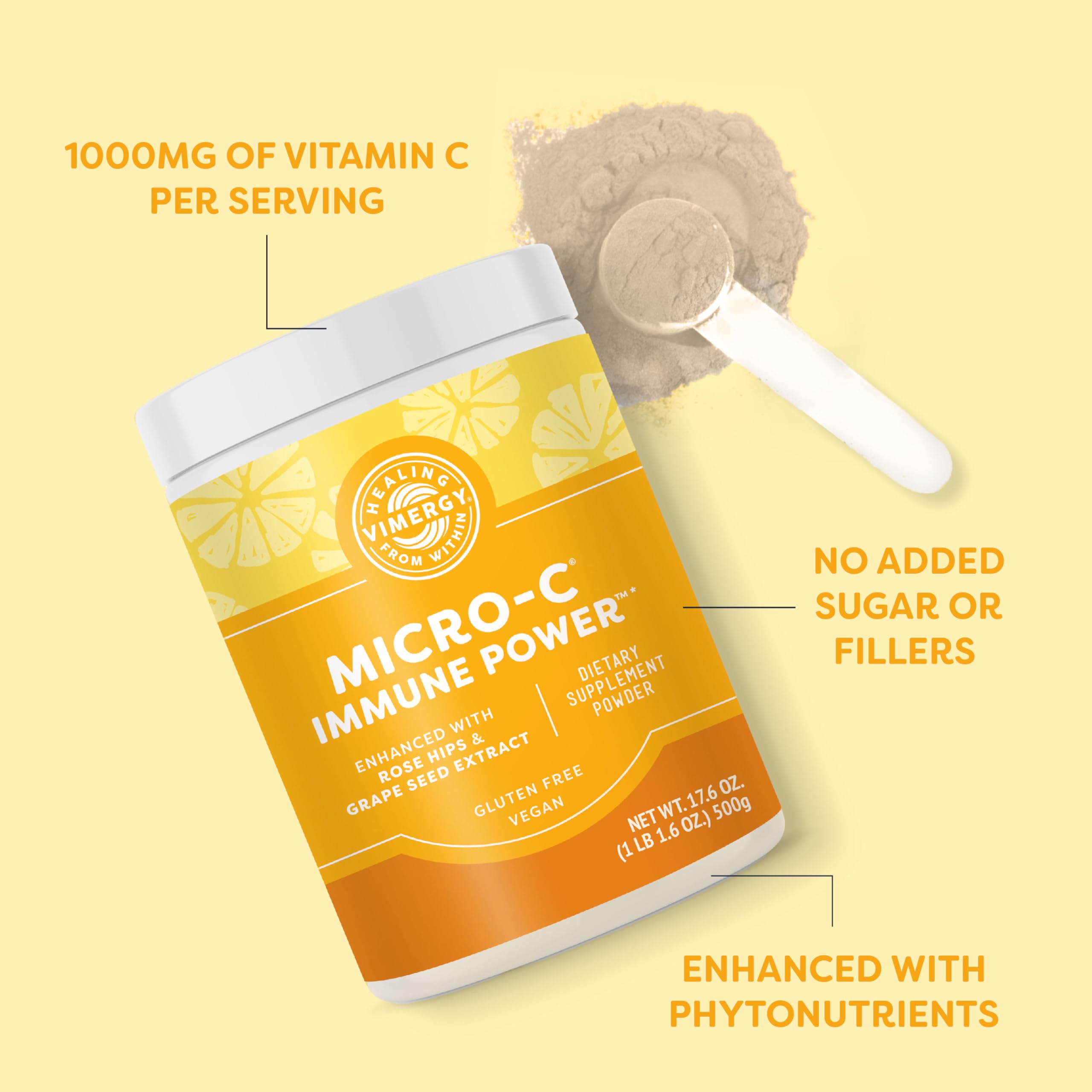 Serving scoop beside Vimergy Micro-C Immune Power for convenient 2000 mg dosage.