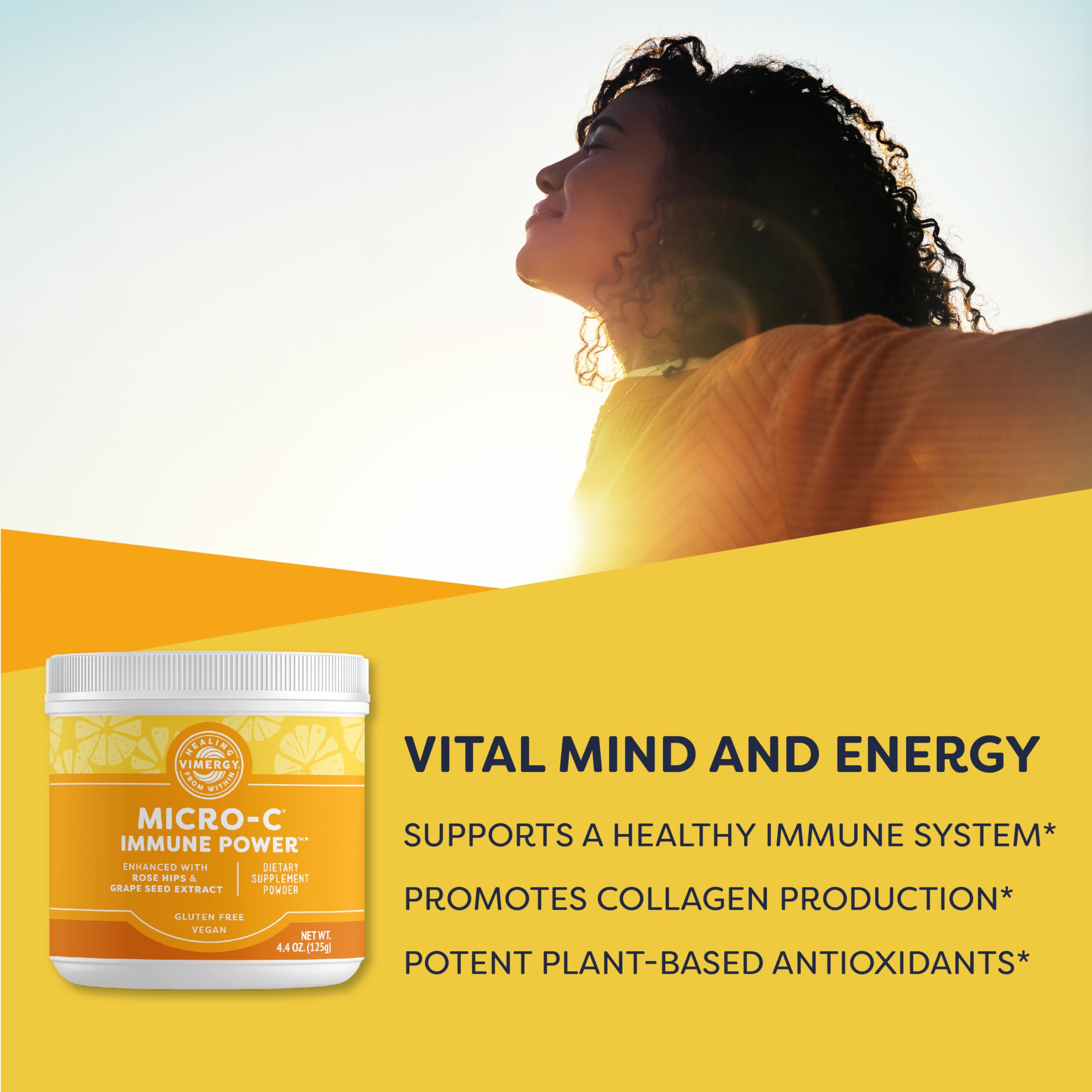 Vimergy Micro-C Immune Power mix in water shows gentle citrus flavor.