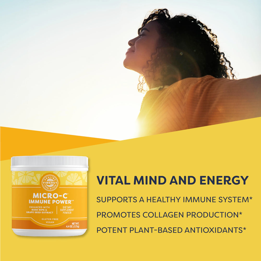 Vimergy Micro-C Immune Power mix in water shows gentle citrus flavor.
