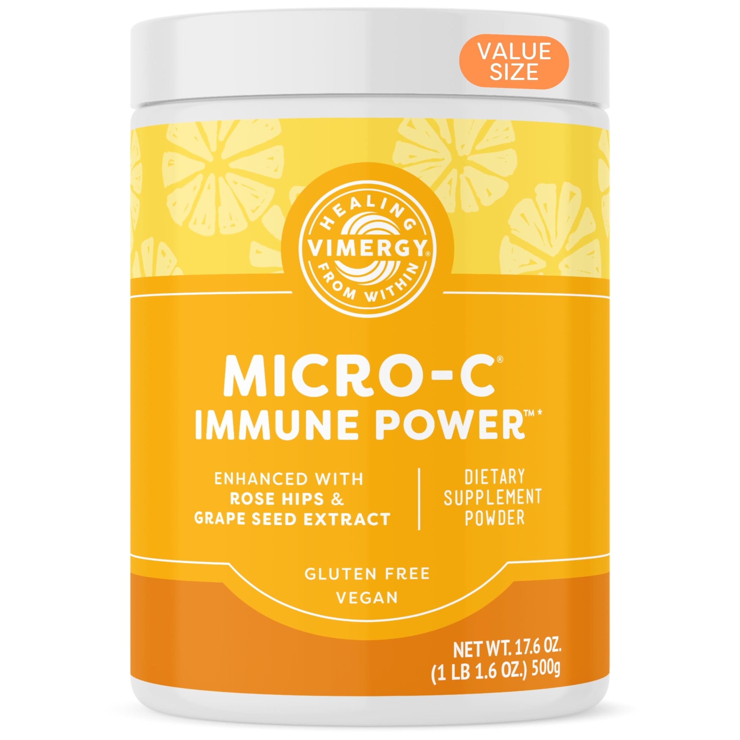 Vimergy Micro-C Immune Power tub label shows 2000 mg vitamin C per serving for immune support.