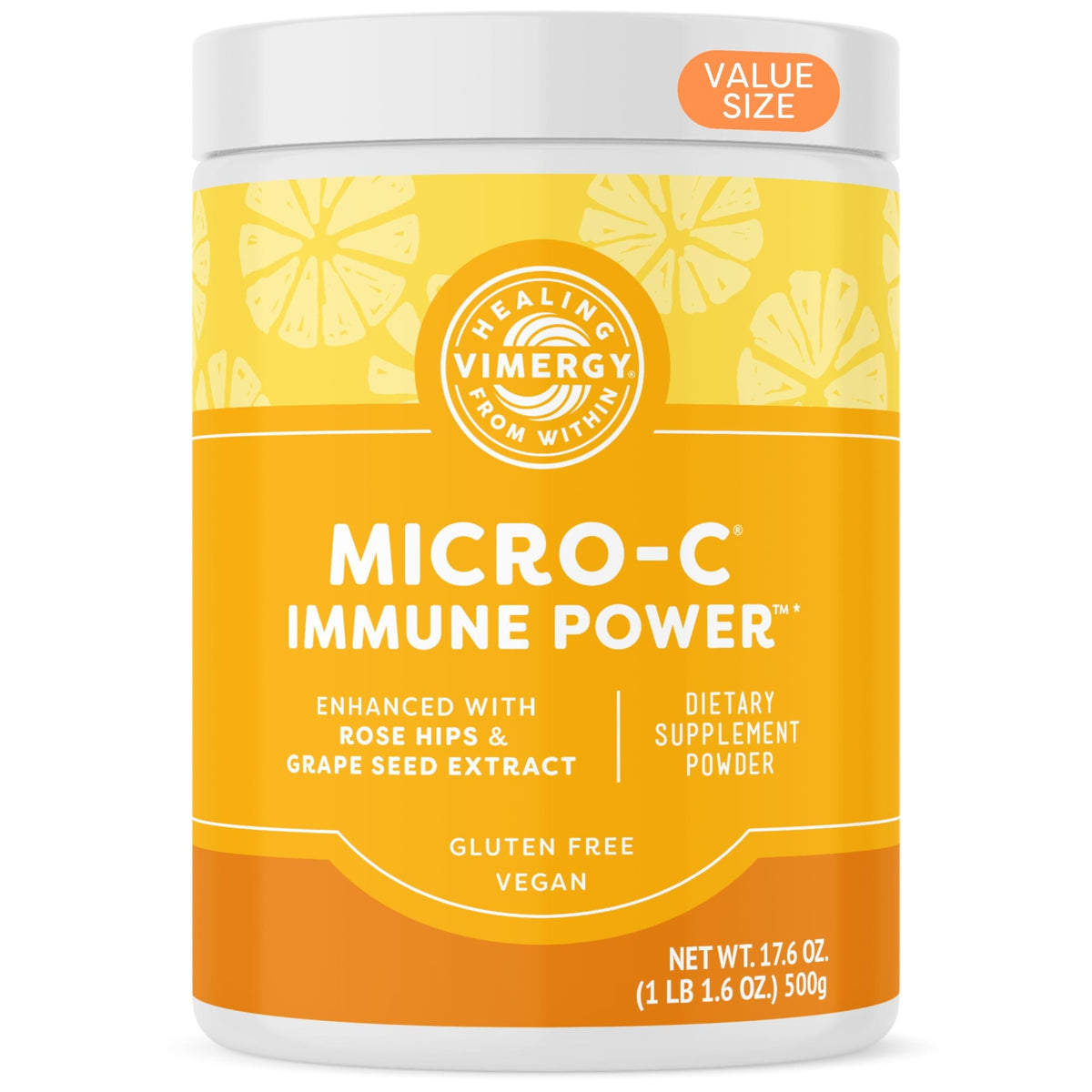 Vimergy Micro-C Immune Power tub label shows 2000 mg vitamin C per serving for immune support.