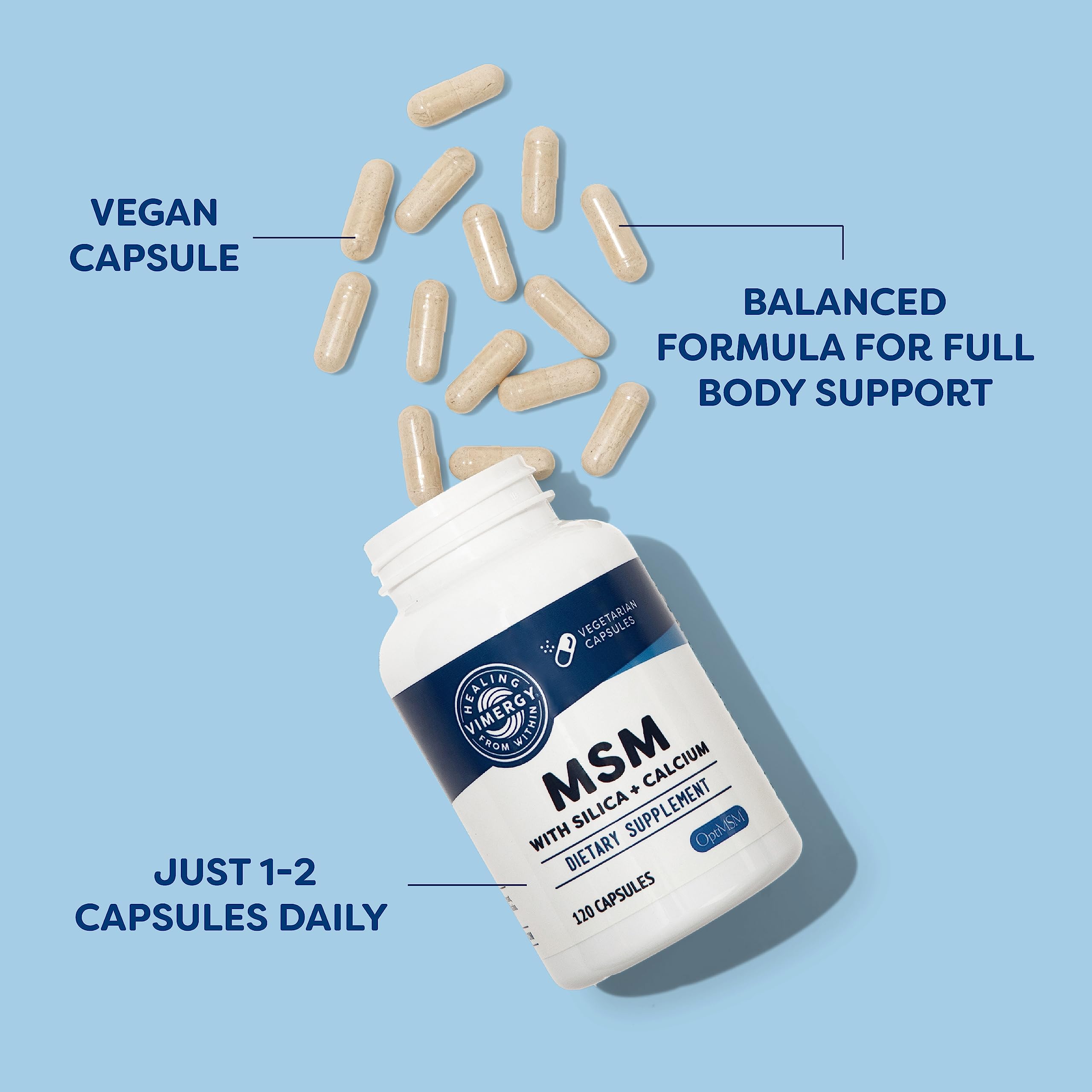 Front label of Vimergy MSM bottle with OptiMSM and clear ingredients