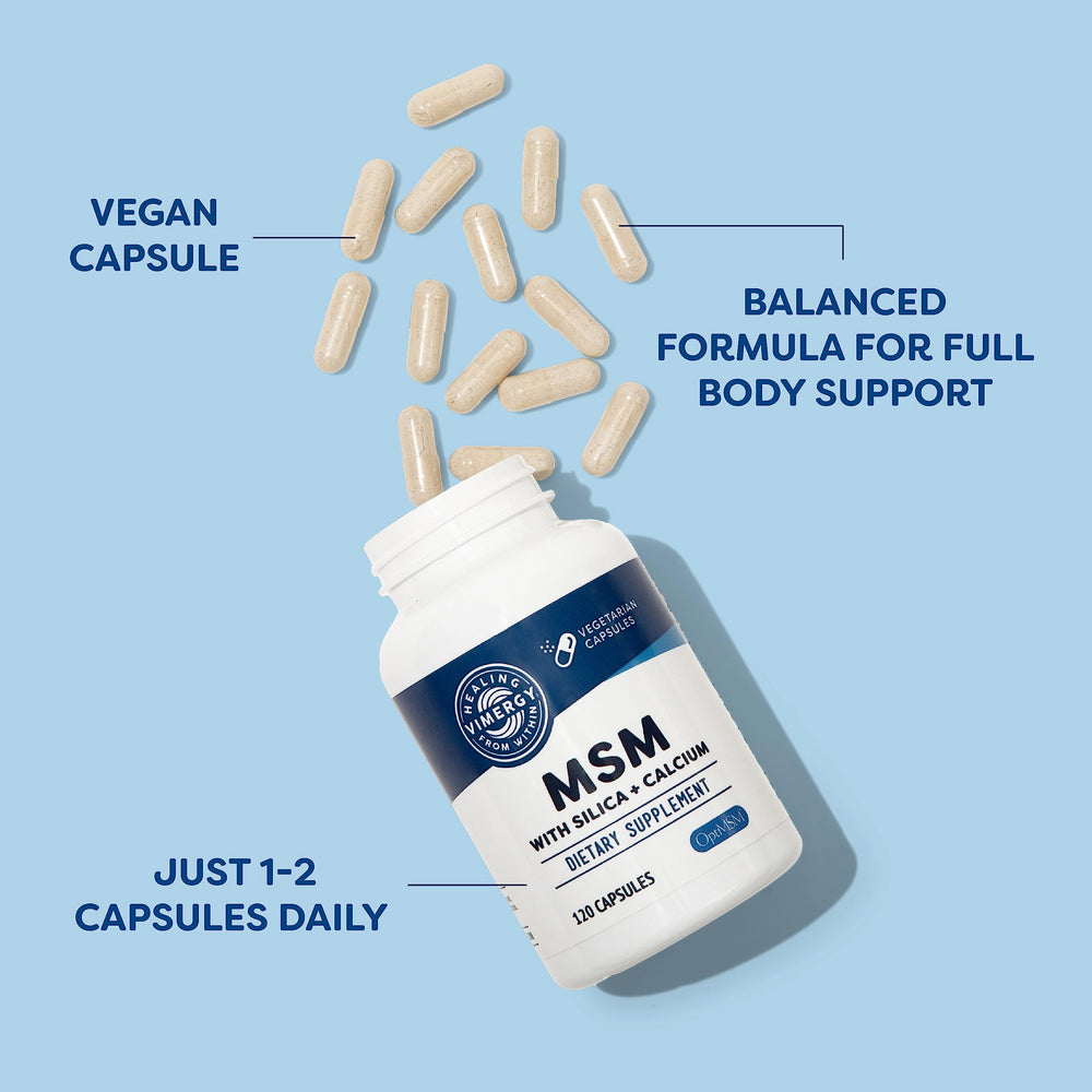 Front label of Vimergy MSM bottle with OptiMSM and clear ingredients