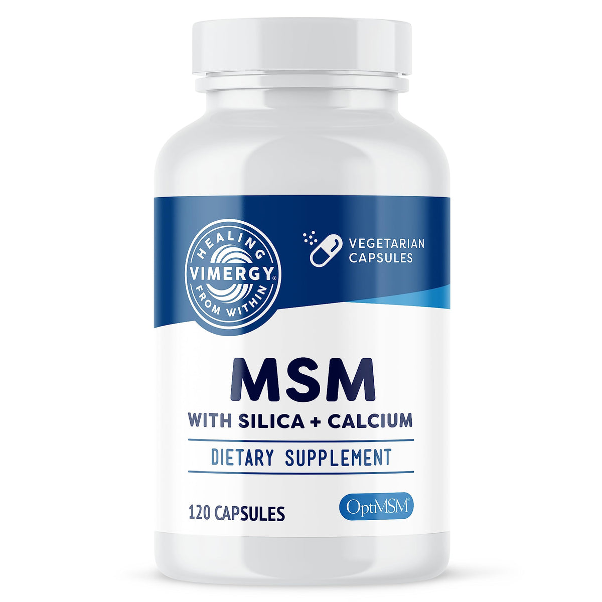 Vimergy MSM silica-calcium capsules bottle on kitchen counter for daily joint support