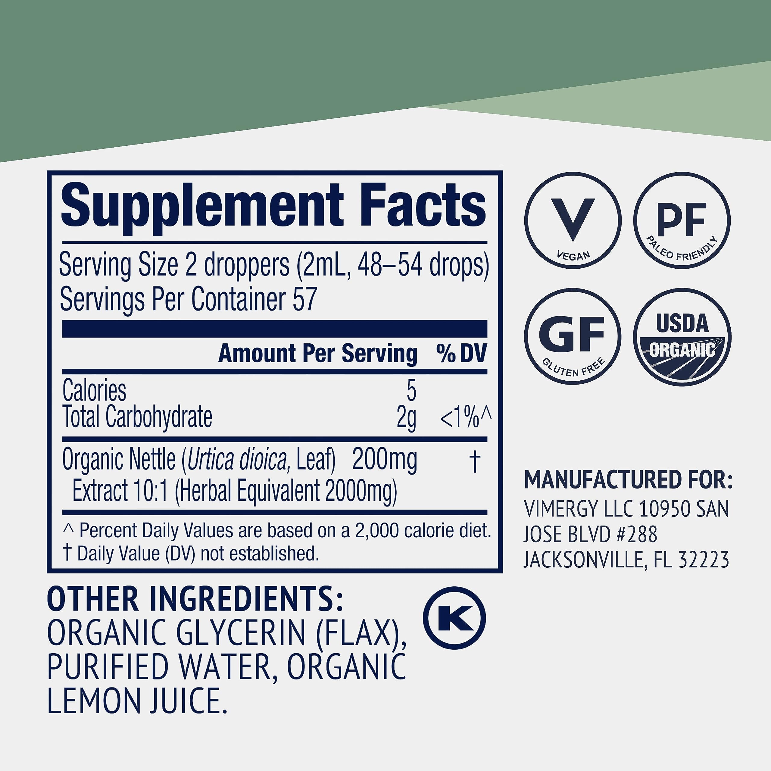 Vimergy Nettle liquid serving shows 57 servings per bottle for flexible use.