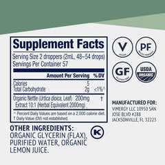 Vimergy Nettle liquid serving shows 57 servings per bottle for flexible use.