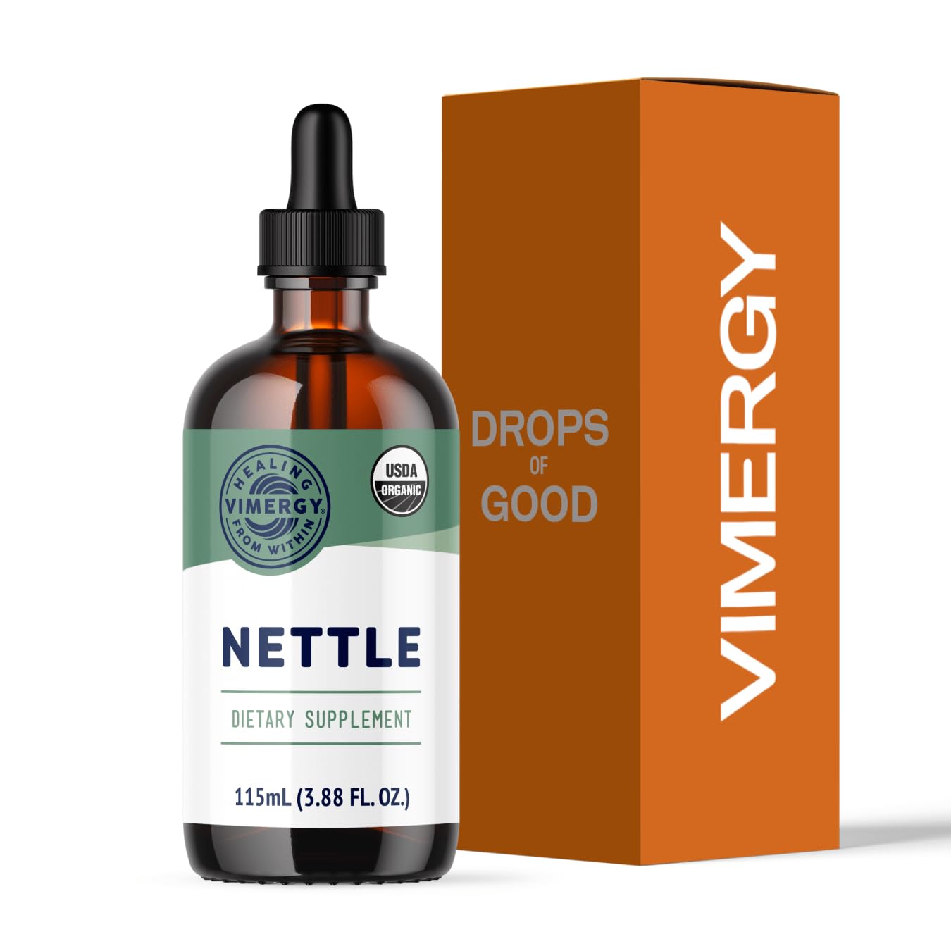 Vimergy Nettle liquid bottle displaying a potent 10:1 extract for daily support.