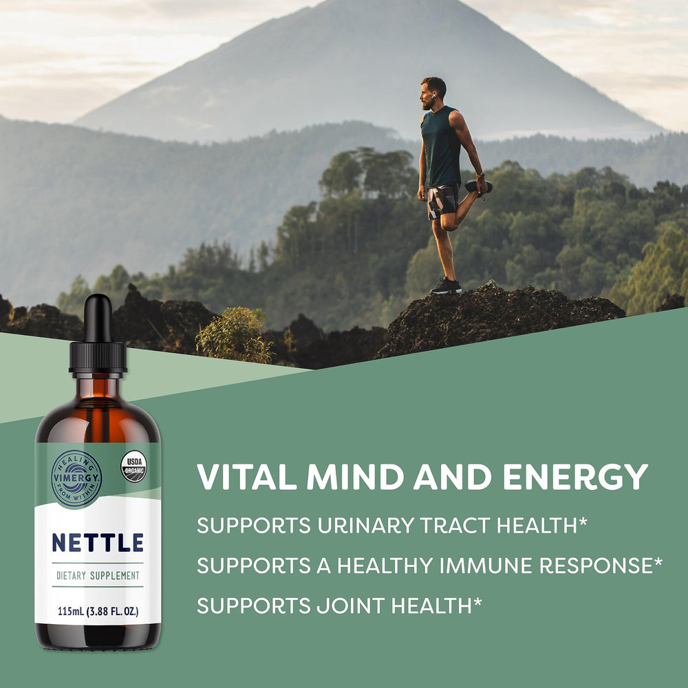Vimergy Nettle liquid pour ready to blend into water, juice, or smoothies.
