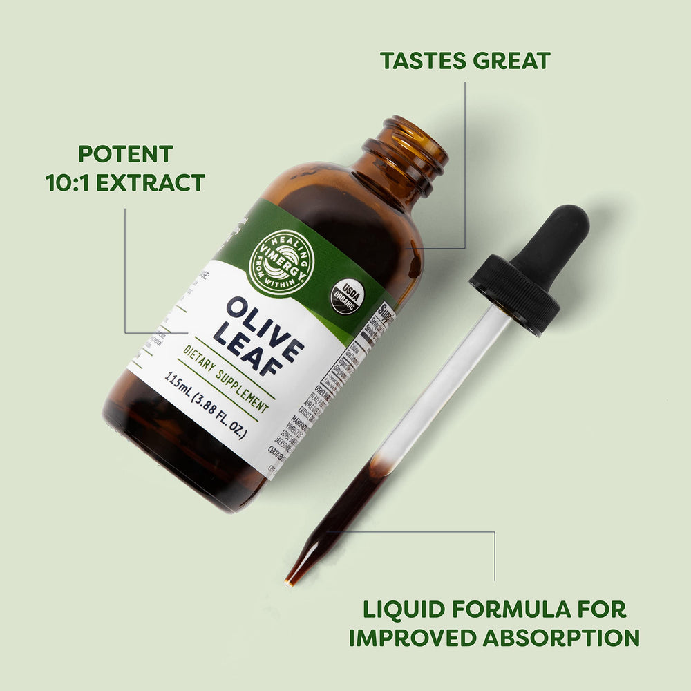 Close-up of Vimergy Olive Leaf label highlighting organic, vegan, gluten-free standards.
