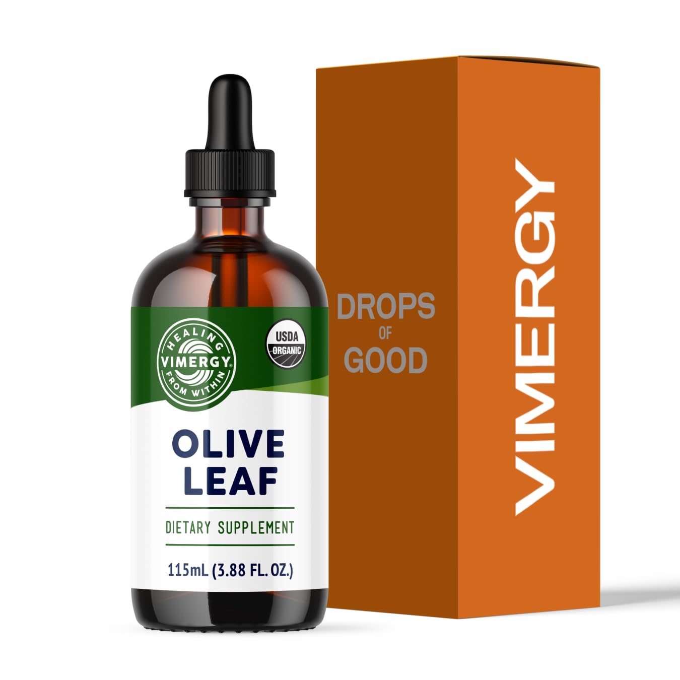 Vimergy Olive Leaf liquid bottle with high-potency extract for daily immune support.